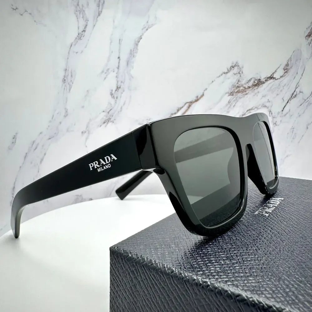 NEW PRADA Sunglasses Black Square Rectangle Gray Lens w/ Box & Case Authentic